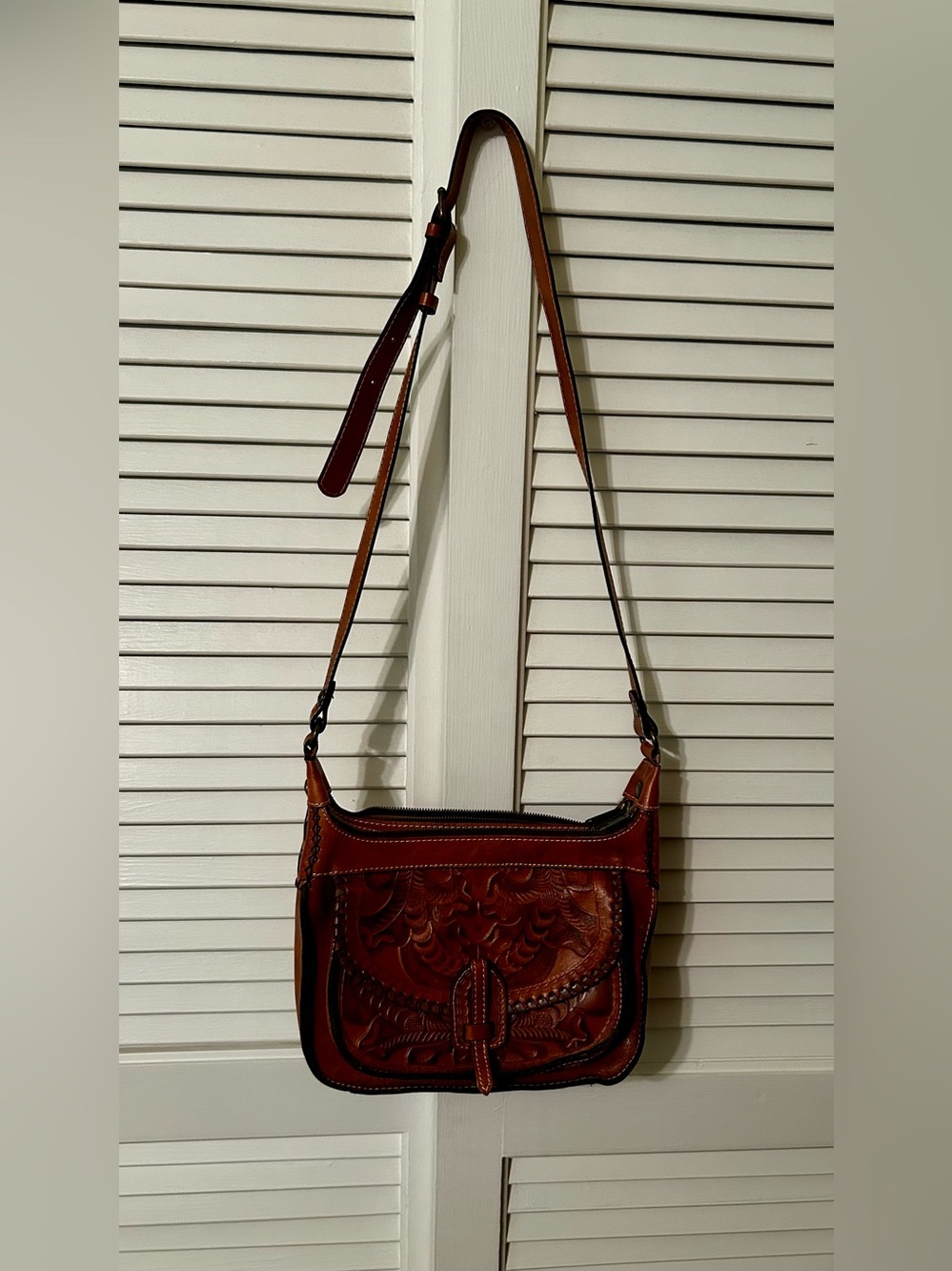 Patricia Nash Camila Italian Tooled Leather Crossbody Saddle Bag